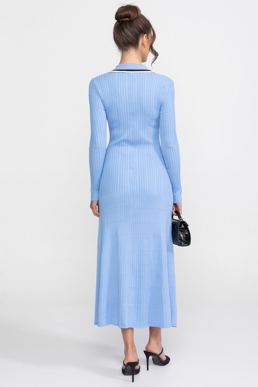 Long Sleeve Knit Midi Dress With Polo Collar And Monogram Patch - Blue