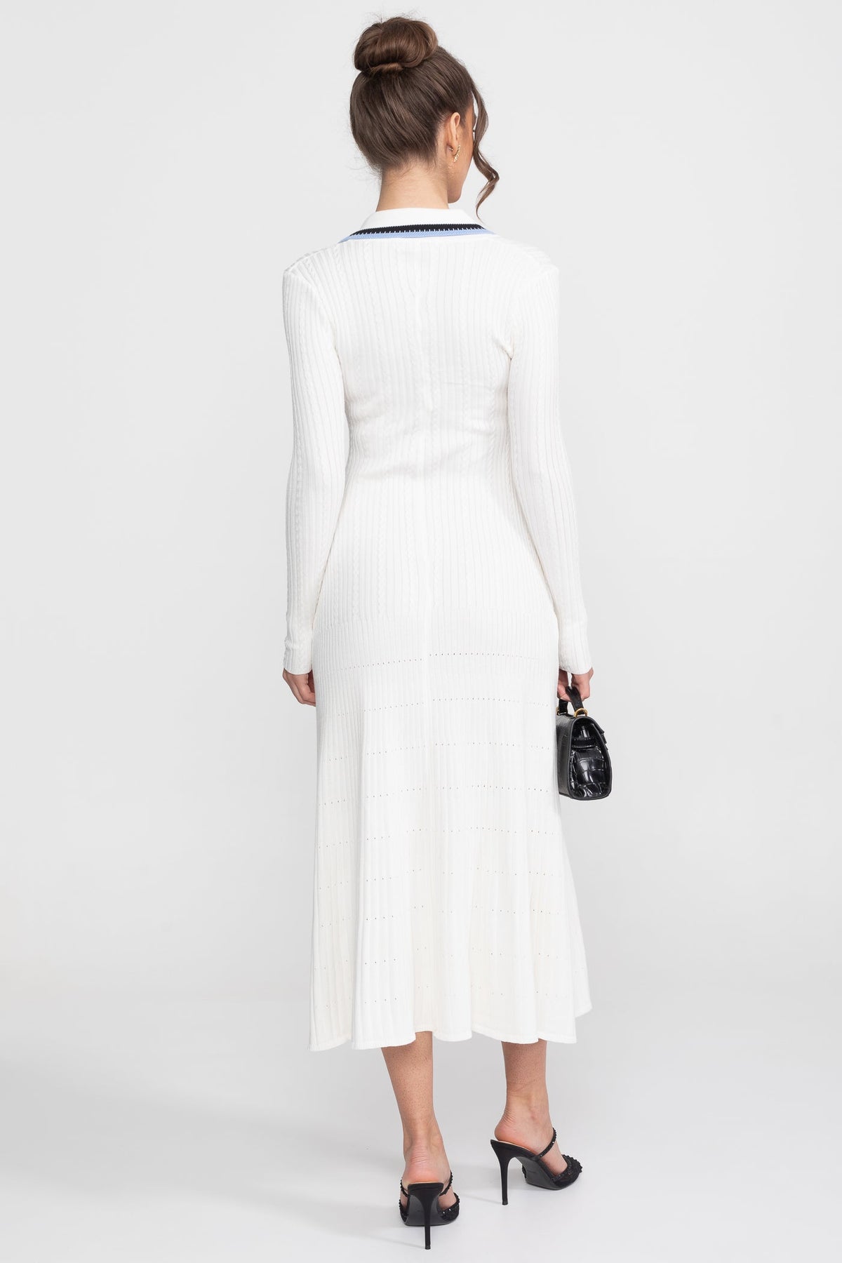 Long Sleeve Knit Midi Dress With Polo Collar And Monogram Patch - White