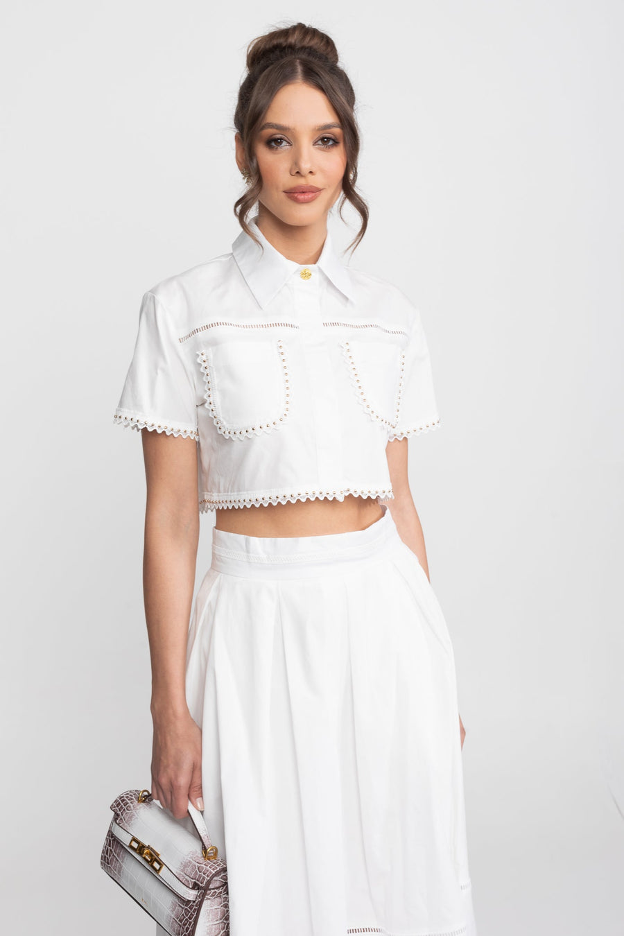 Broderie-Trim Cropped Shirt And Midi Skirt Co-Ord Set - White