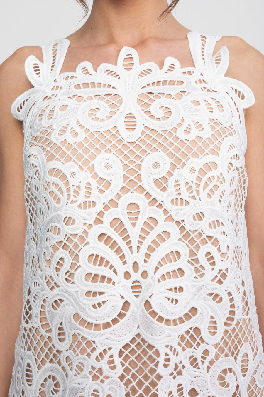 Guipure Lace Sleeveless Mini Dress With Scallop Hem - White