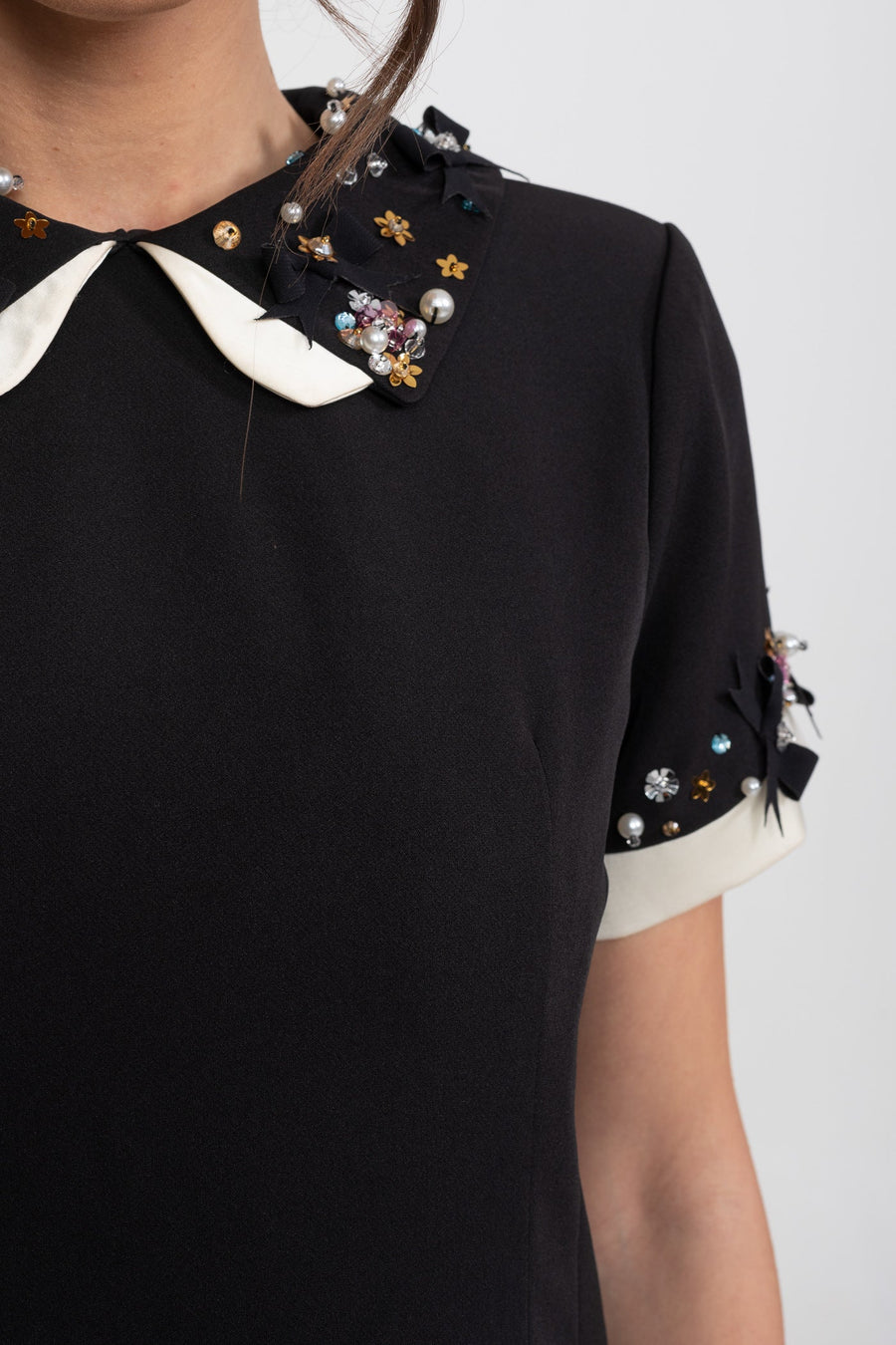 Mini Dress With Crystal-Embellished Peter Pan Collar And Jewel Cuffs - Black