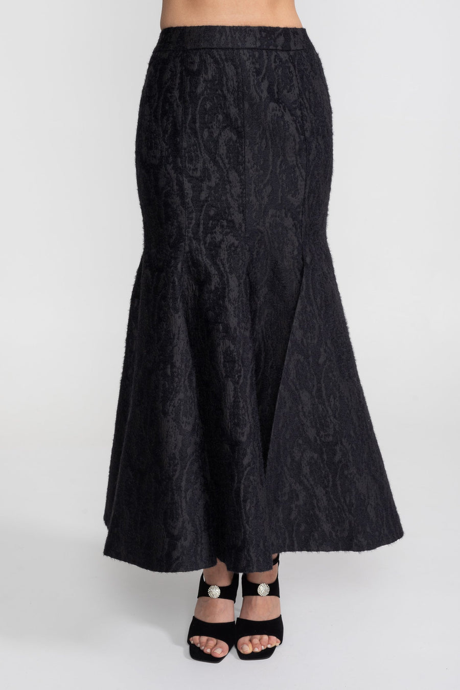 Jacquard Maxi Set With Sheer Floral Neckline And Peplum Waist - Black