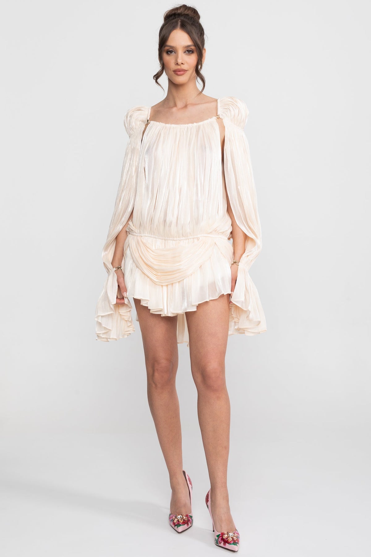 Sheer Draped Mini Dress With Cape Sleeves And Gold Clip Detail - Ivoire
