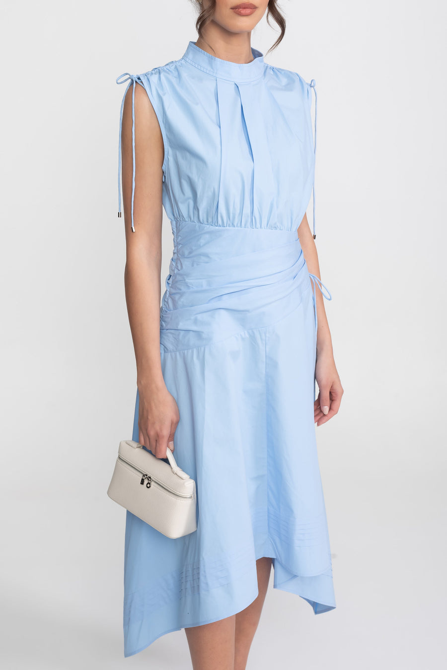 Sleeveless Asymmetric Midi Dress With Ruched Waist And Handkerchief Hem - Light Blue