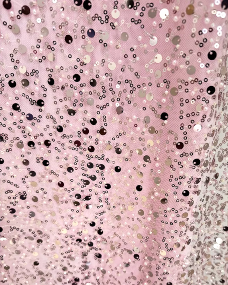 Kayık Yaka Payetli Uzun Elbise Pembe