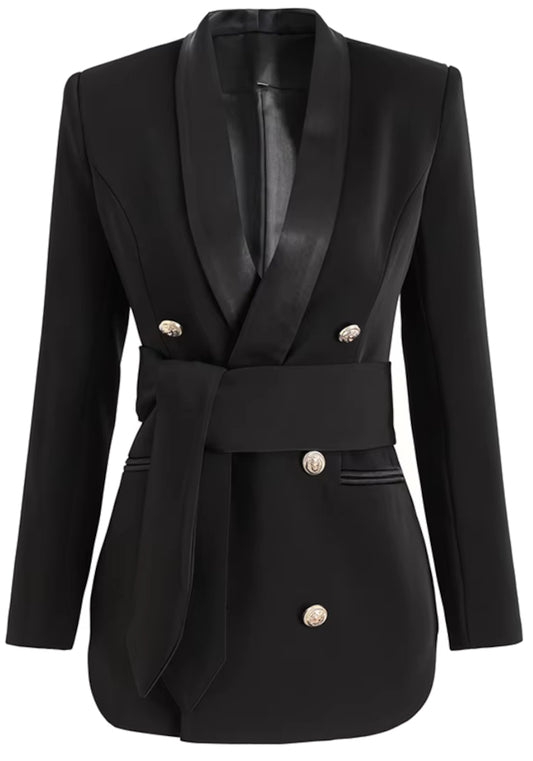 V Yaka Düğmeli Kemerli Blazer Ceket