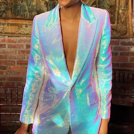V Yaka Cepli Payetli Blazer Ceket