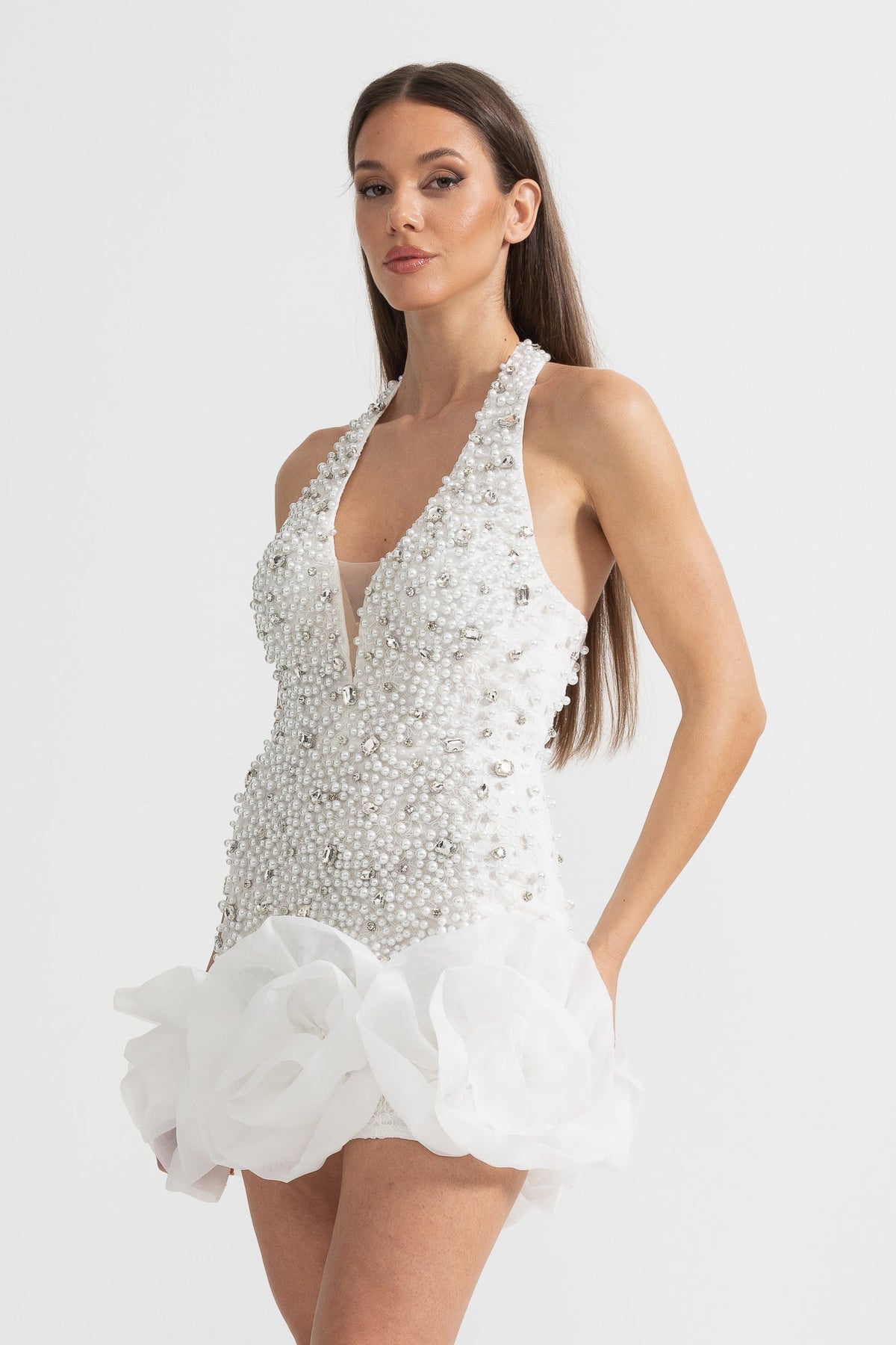Sleeveless Mini Dress With Deep V-Neckline And Intricate Pearl And Bead Embellishments - White