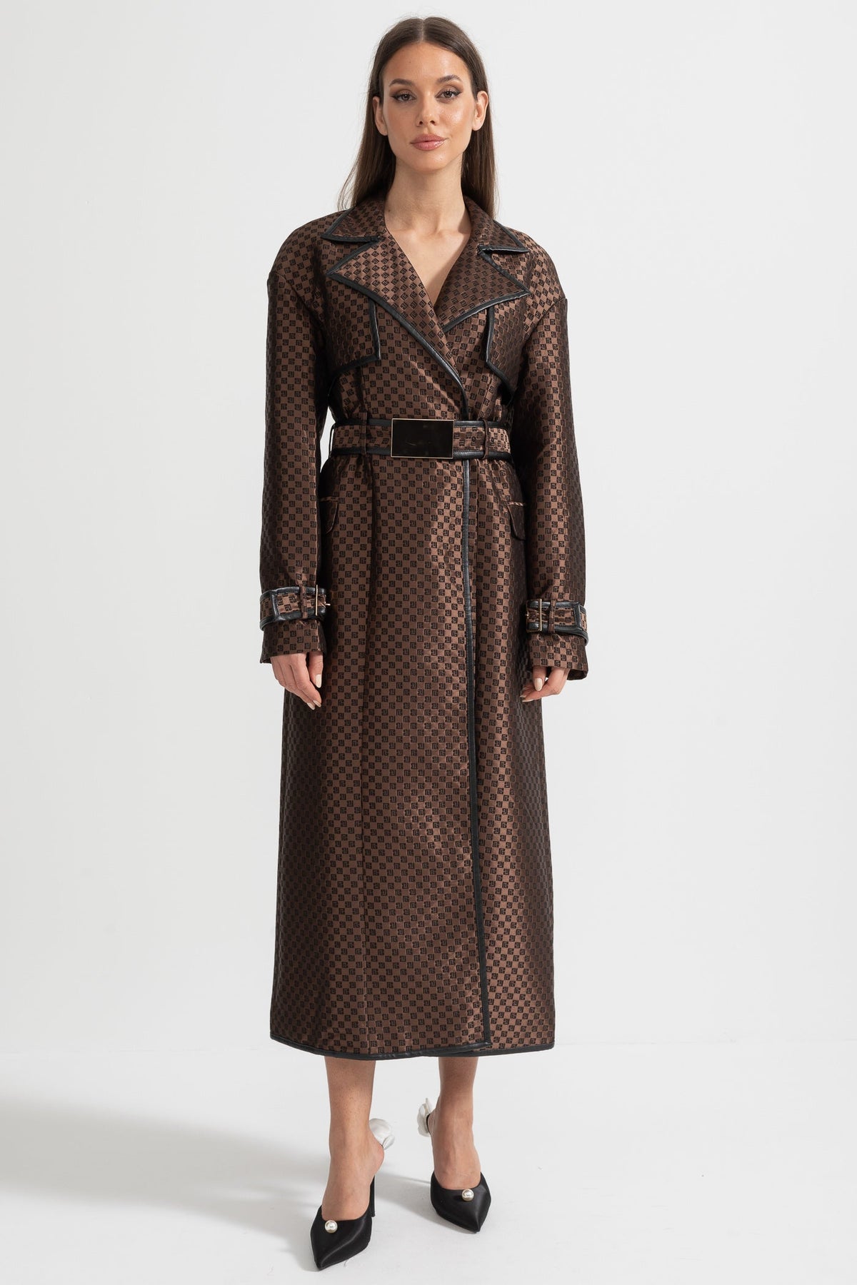 Jacquard Trench Coat With Gold Buckle Waist Belt - Brown