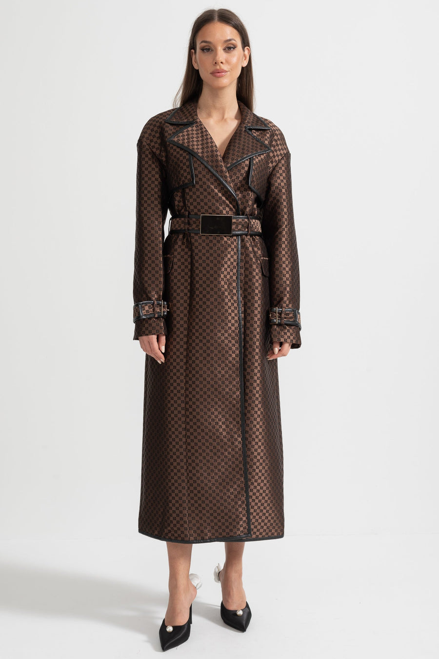 Jacquard Trench Coat With Gold Buckle Waist Belt - Brown