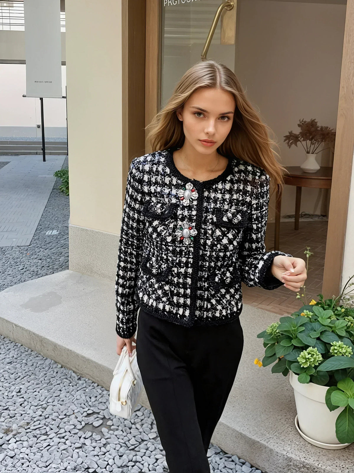 Kareli Tüvit Gizli Düğmeli Blazer Ceket