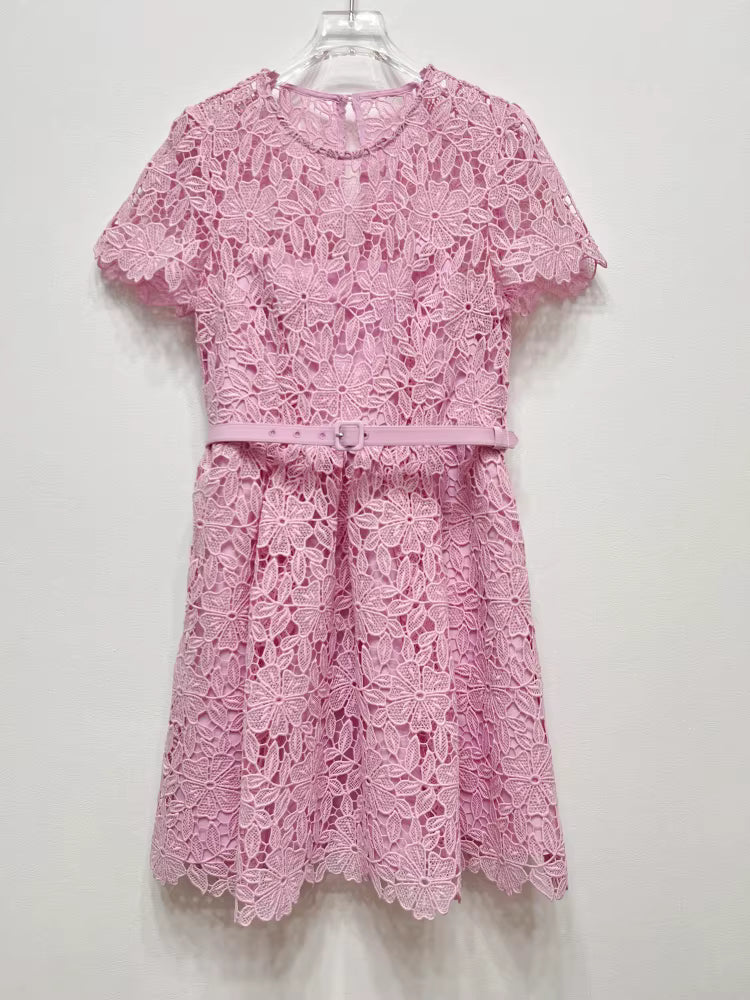 Kemerli Cepli Dantel Mini Elbise
