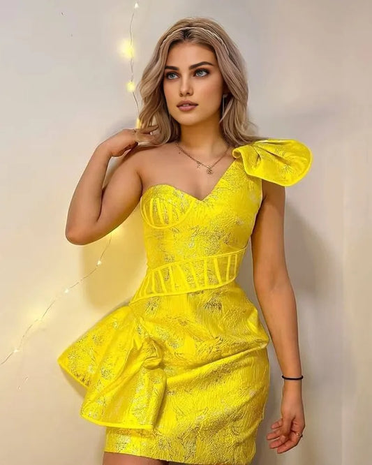 Bustiyer Tek Omuz Çiçekli Mini Elbise