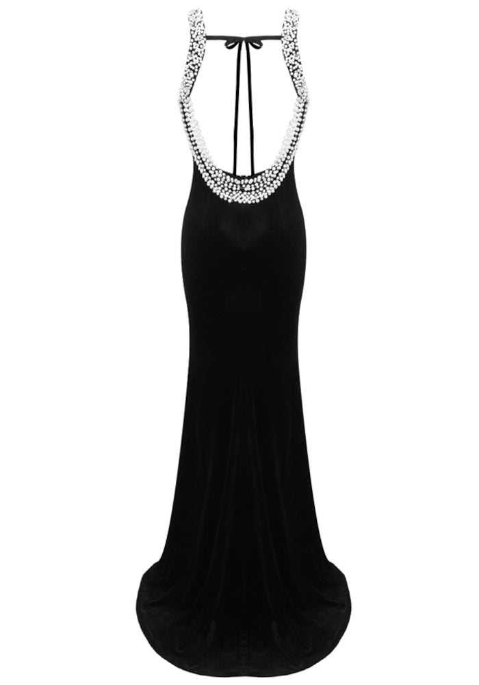 Sırt Dekolteli Kolsuz Kadife Uzun Elbise