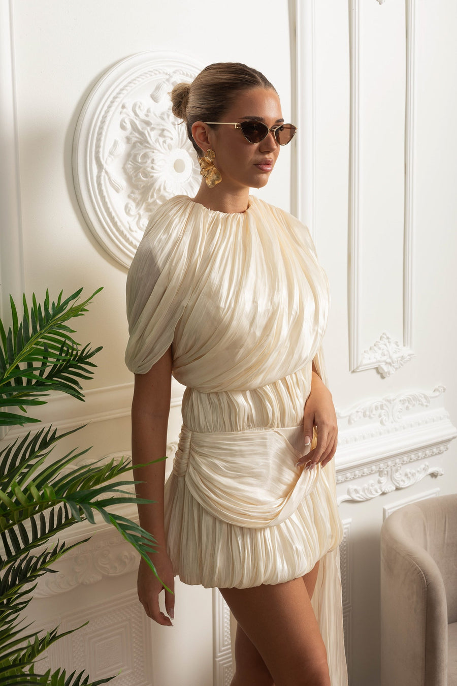 Pleated One-Shoulder Mini Dress with Draped Sash - Ivoire