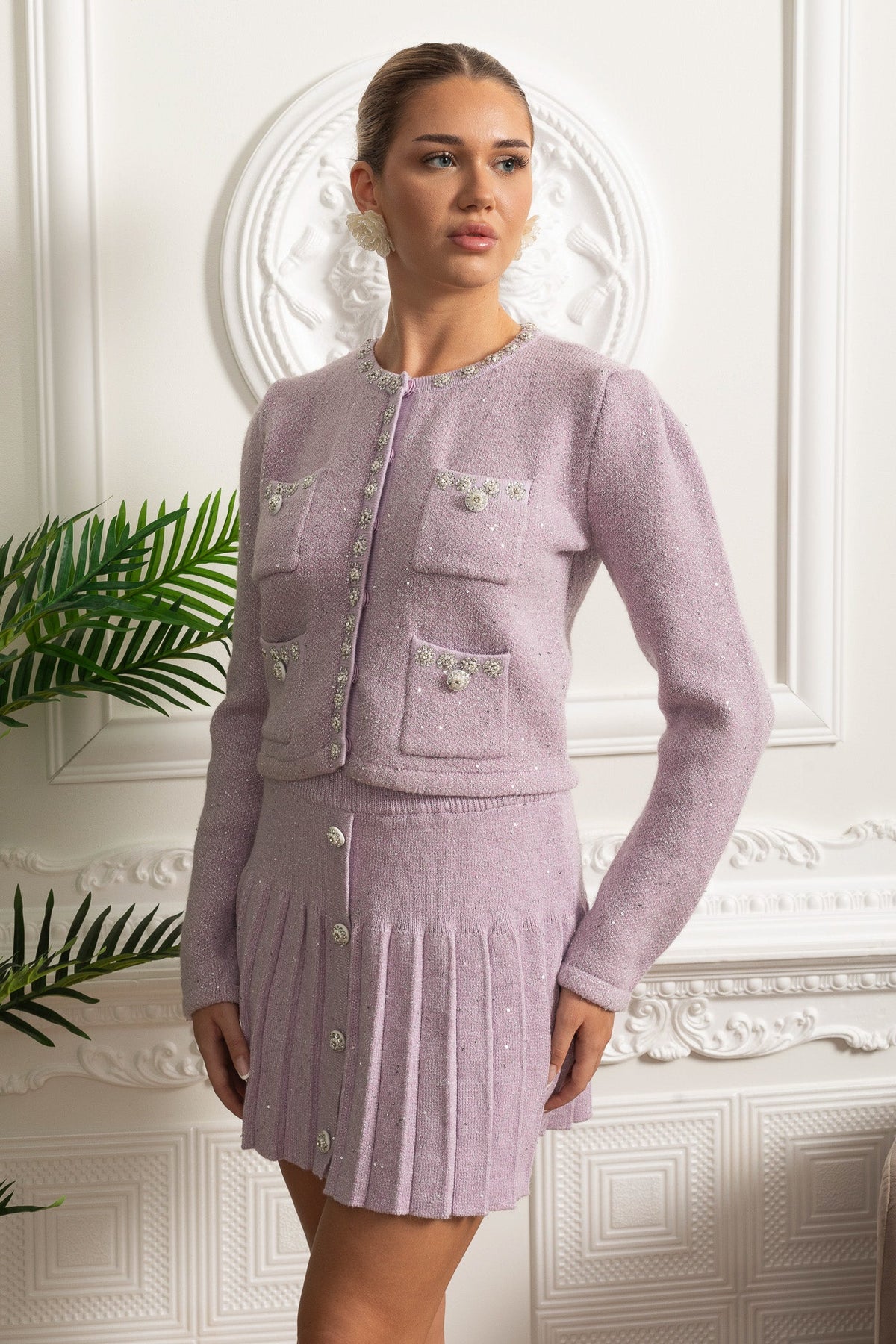 Embellished Knit Cardigan & Pleated Mini Skirt Co-ord Set - Lilac