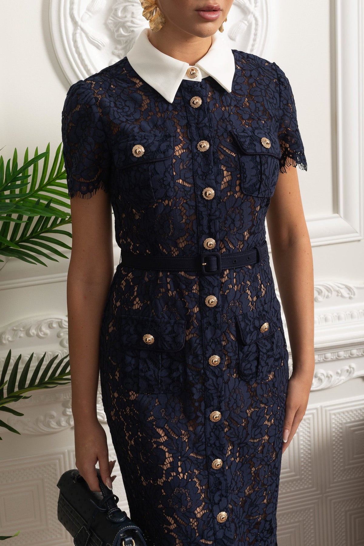 Floral Lace Midi Dress with Tailored Collar and Belted Waist - Navy