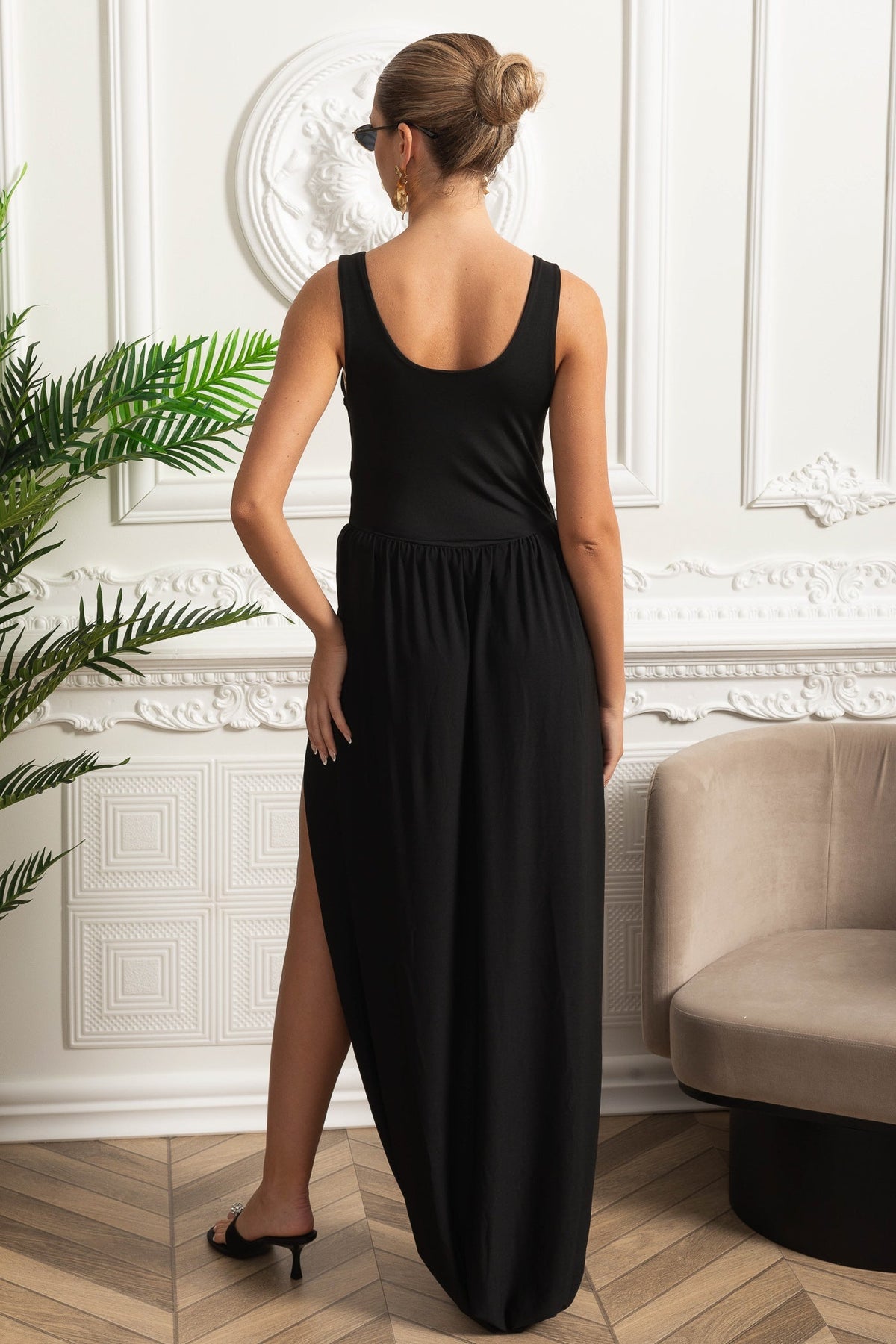 Draped Maxi Dress With Sculptural Skirt And Side Slit - Black