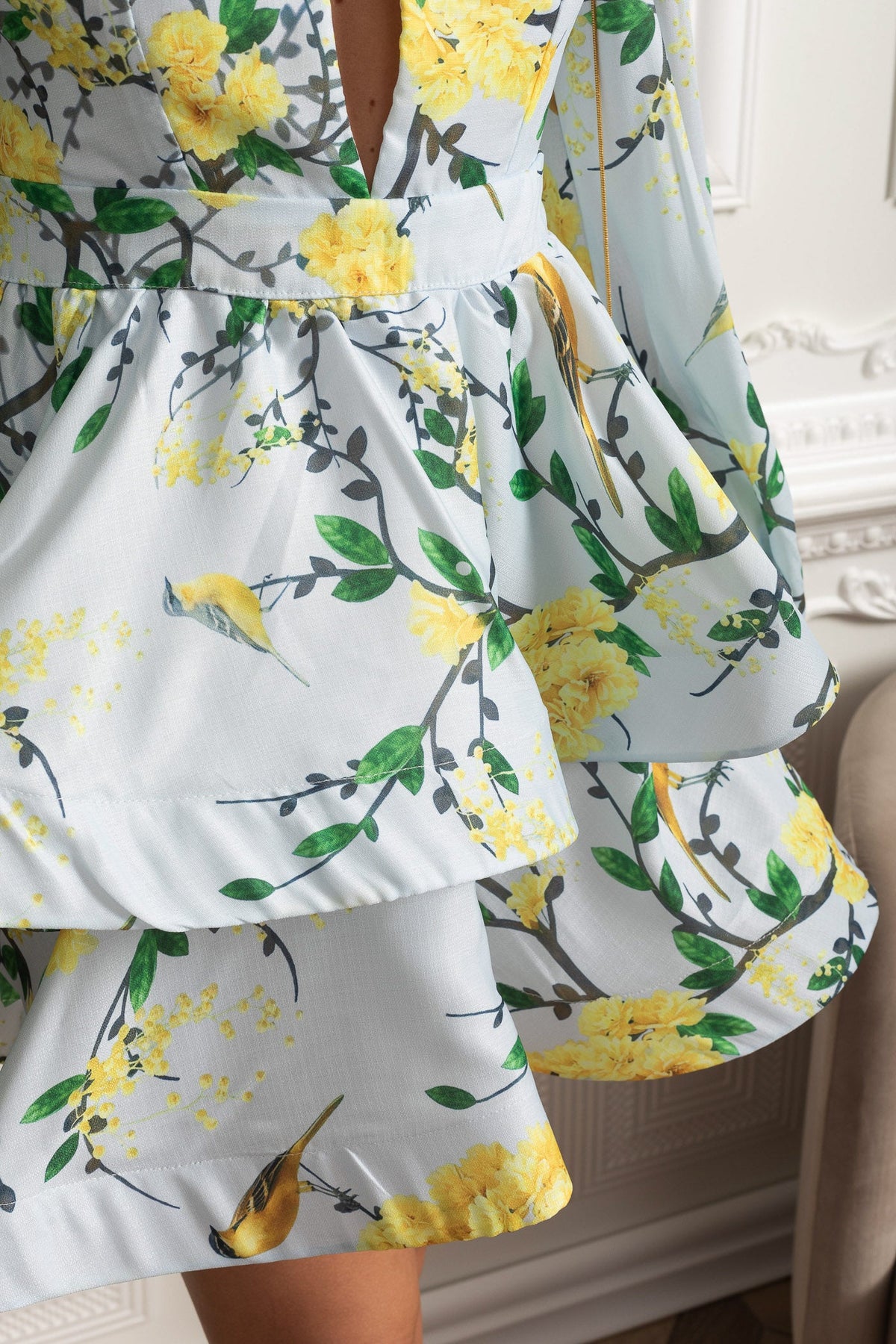Floral Romantic Mini Dress With Voluminous Sleeves And Peplum Detail - Sky Blue