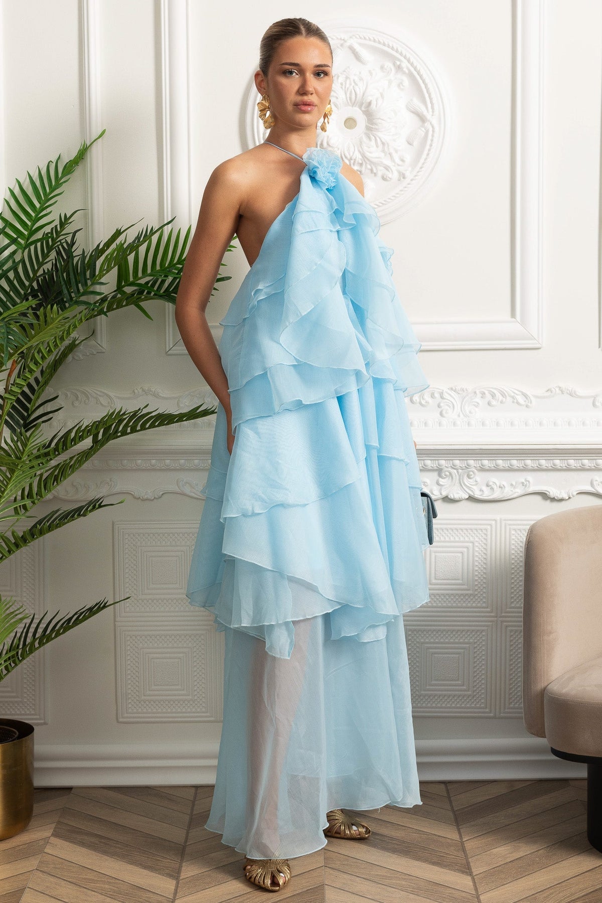 Halter Tiered Ruffle Maxi Dress - Sky Blue