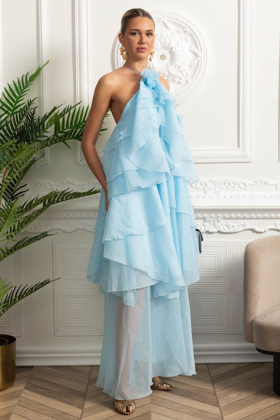 Halter Tiered Ruffle Maxi Dress - Sky Blue