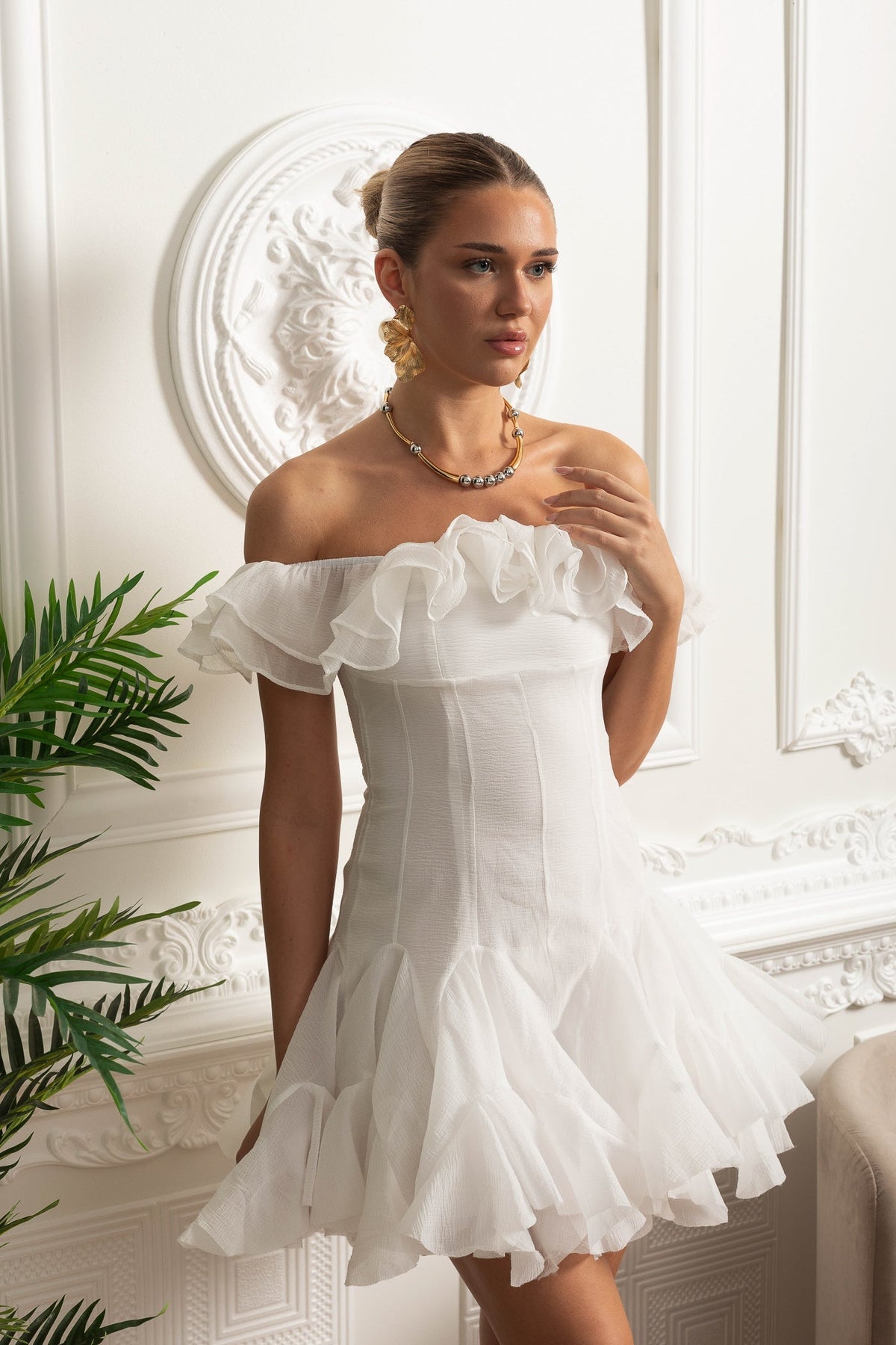 Off-Shoulder Mini Dress with Ruffled Organza Trim - White