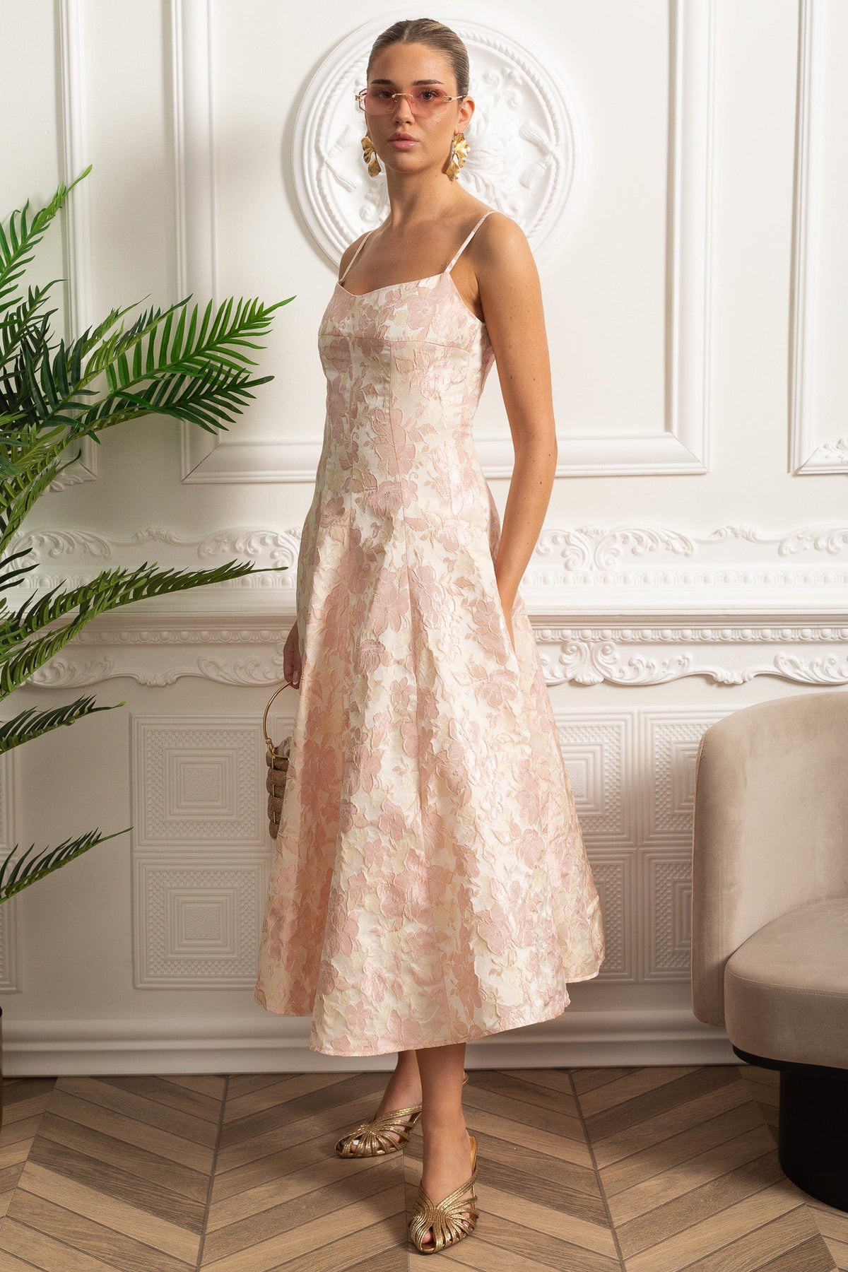 Jacquard Midi Dress with Floral Motif and Spaghetti Straps - Blush Pink