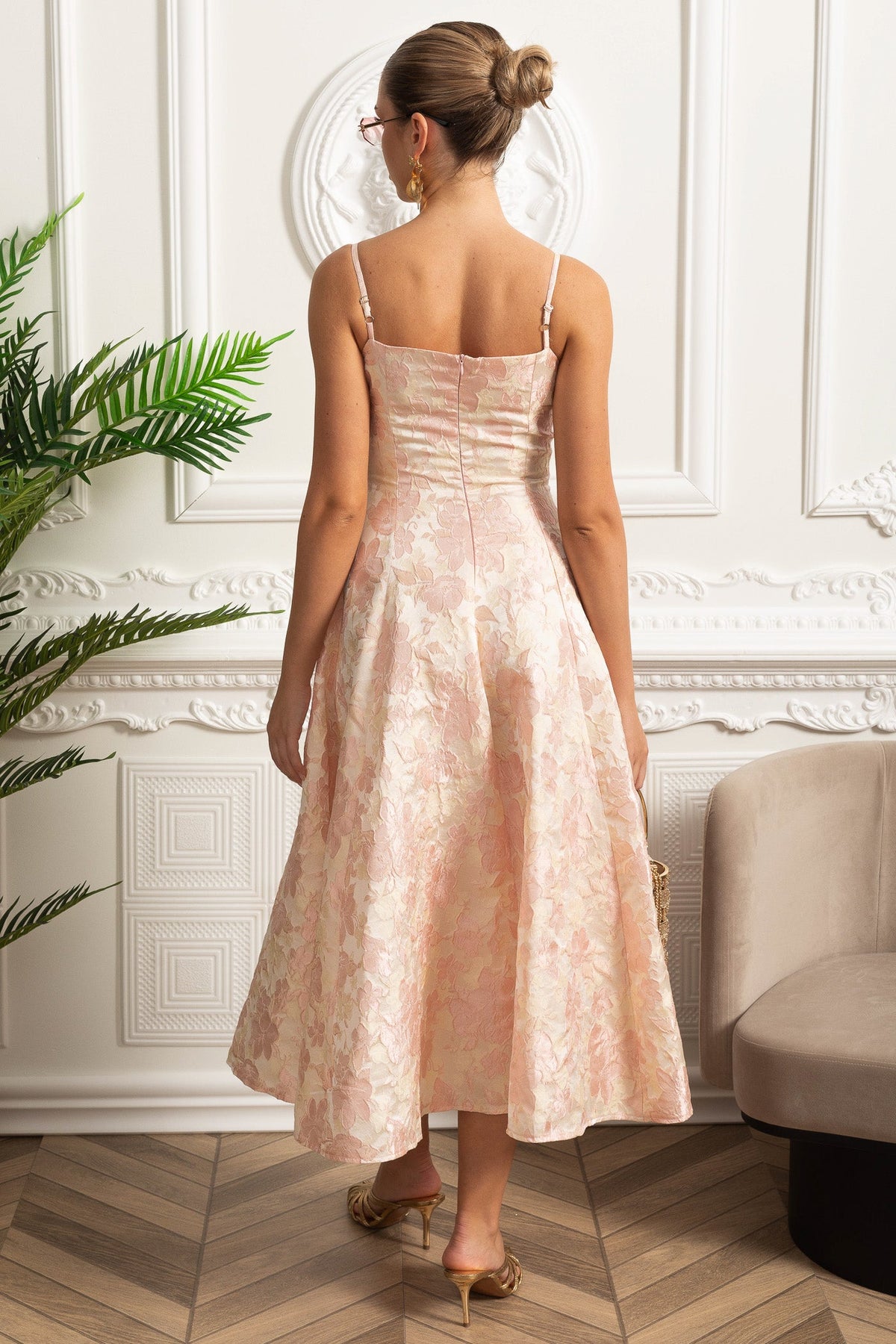 Jacquard Midi Dress with Floral Motif and Spaghetti Straps - Blush Pink
