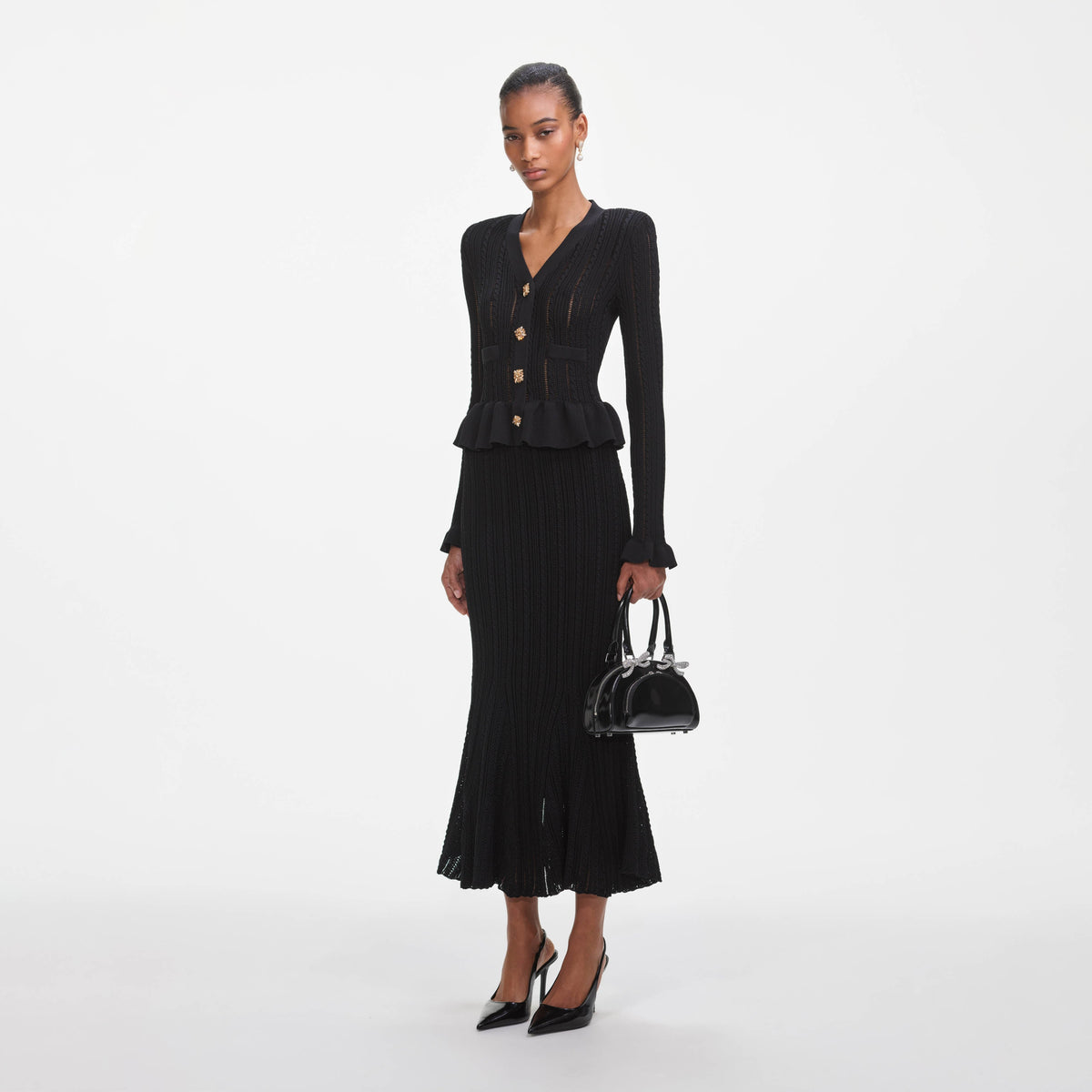 Uzun Kollu Örme Peplum Midi Elbise