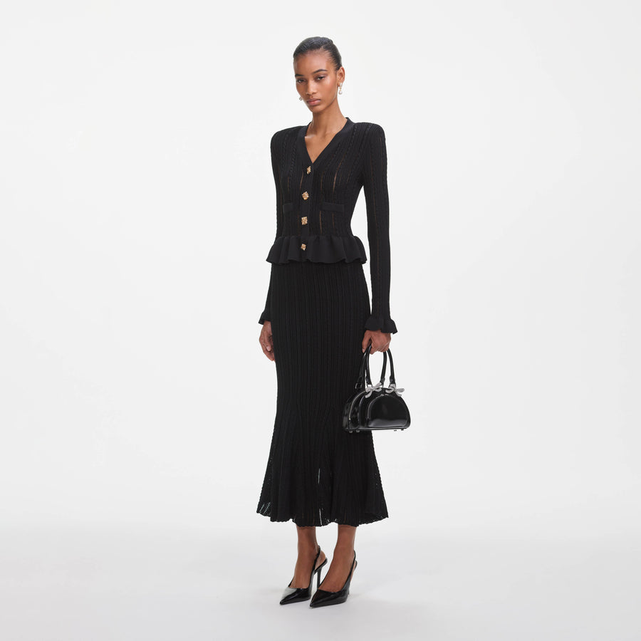 Uzun Kollu Örme Peplum Midi Elbise