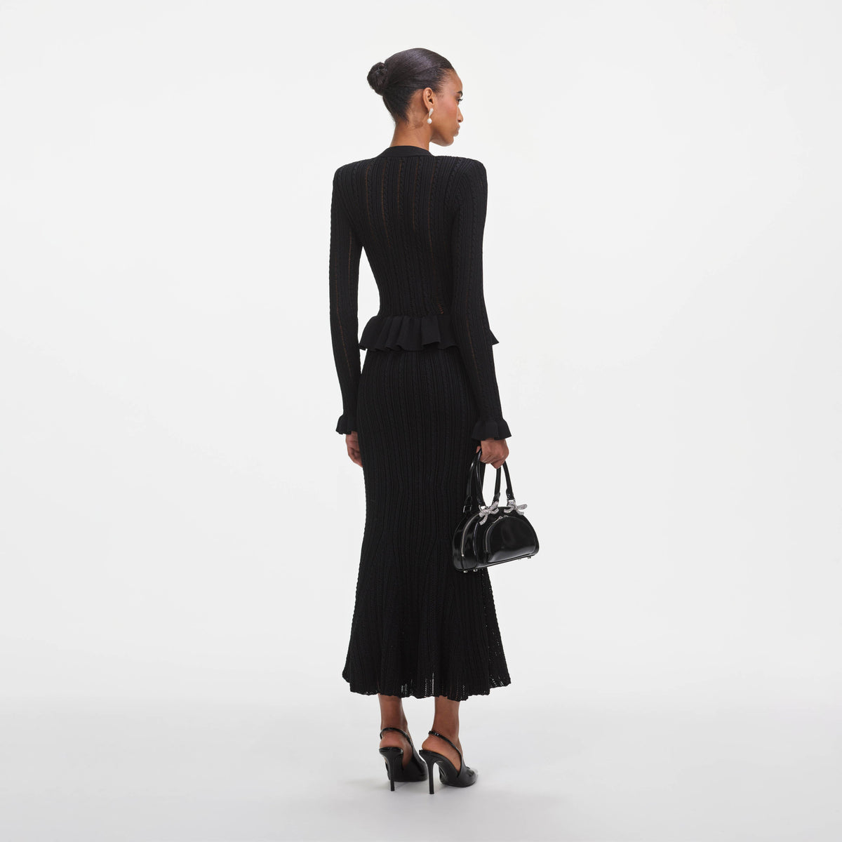 Uzun Kollu Örme Peplum Midi Elbise