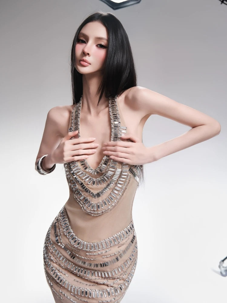 Cristalle Kristal İşlemeli Halter Mini Elbise