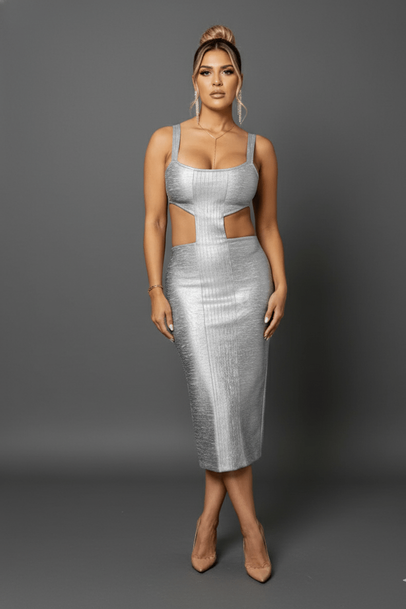 Astra Silver Stamped Hollow-Out Bandage Midi Dress