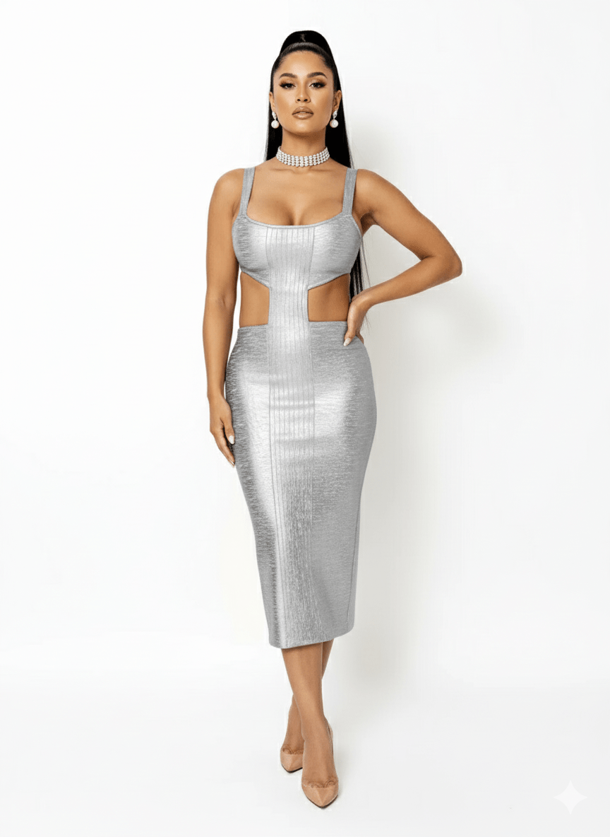 Astra Silver Stamped Hollow-Out Bandage Midi Dress
