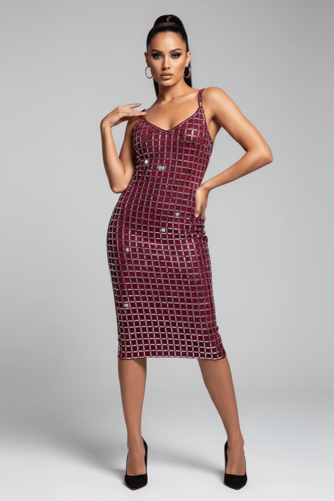 Aurelia Noir Silver Rhinestone Grid Maxi Dress