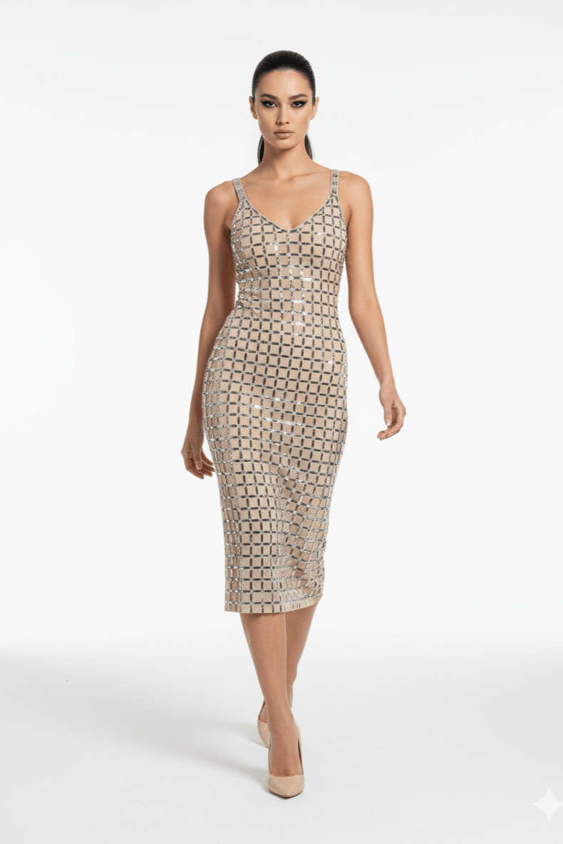 Aurelia Noir Silver Rhinestone Grid Maxi Dress
