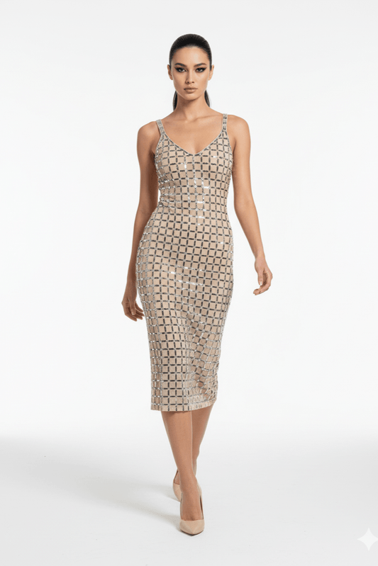 Aurelia Noir Silver Rhinestone Grid Maxi Dress