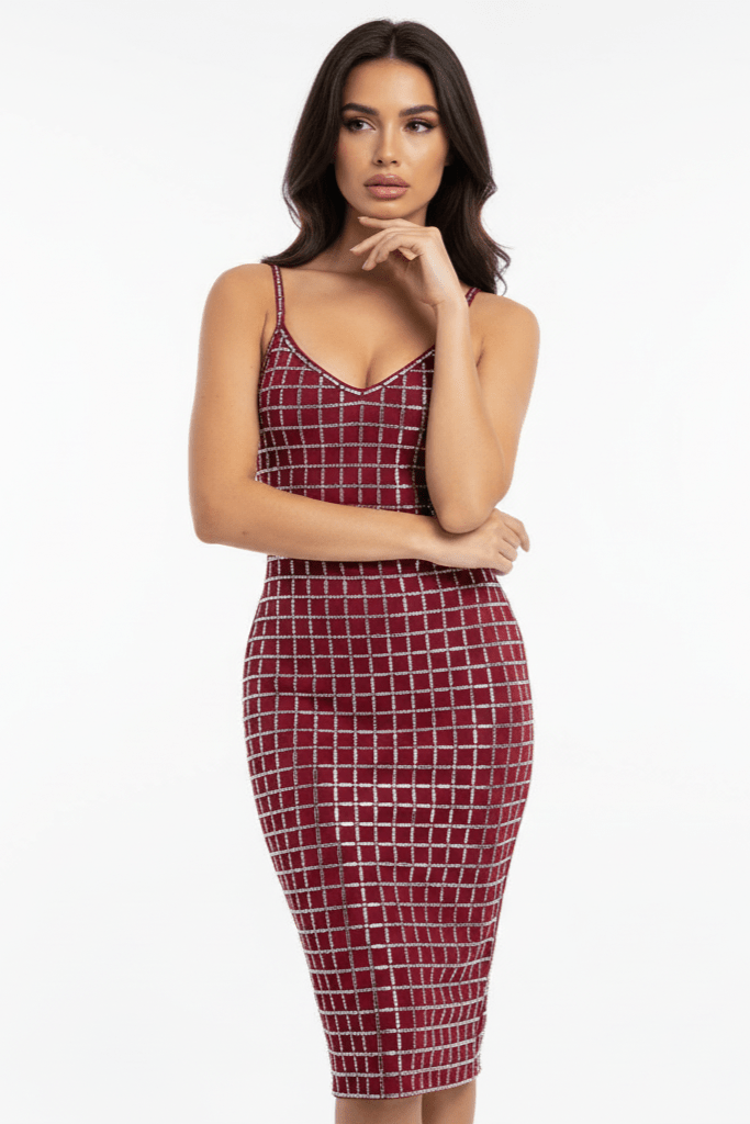 Aurelia Noir Silver Rhinestone Grid Maxi Dress