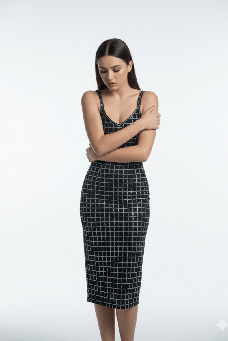 Aurelia Noir Silver Rhinestone Grid Maxi Dress