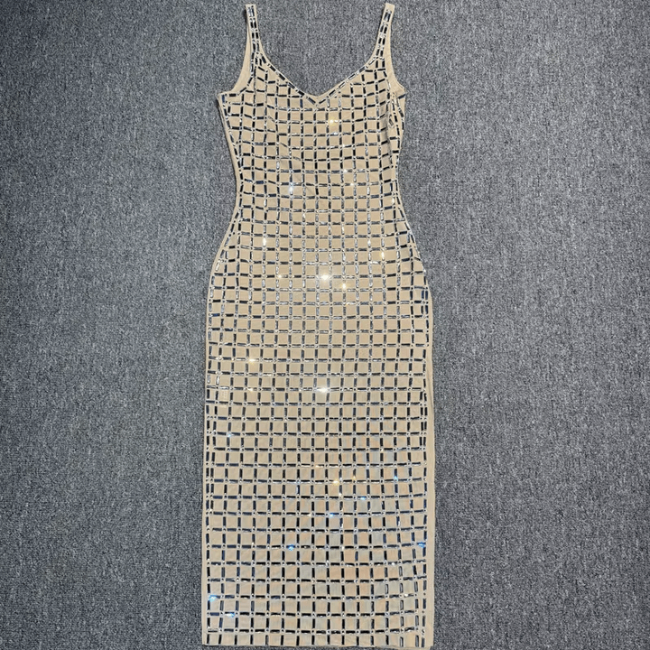 Aurelia Noir Silver Rhinestone Grid Maxi Dress