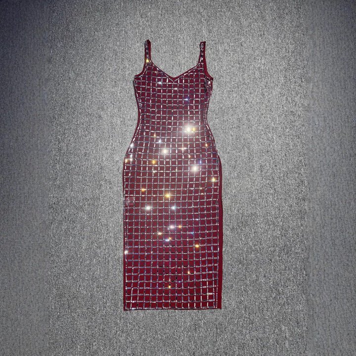 Aurelia Noir Silver Rhinestone Grid Maxi Dress