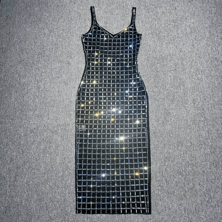 Aurelia Noir Silver Rhinestone Grid Maxi Dress