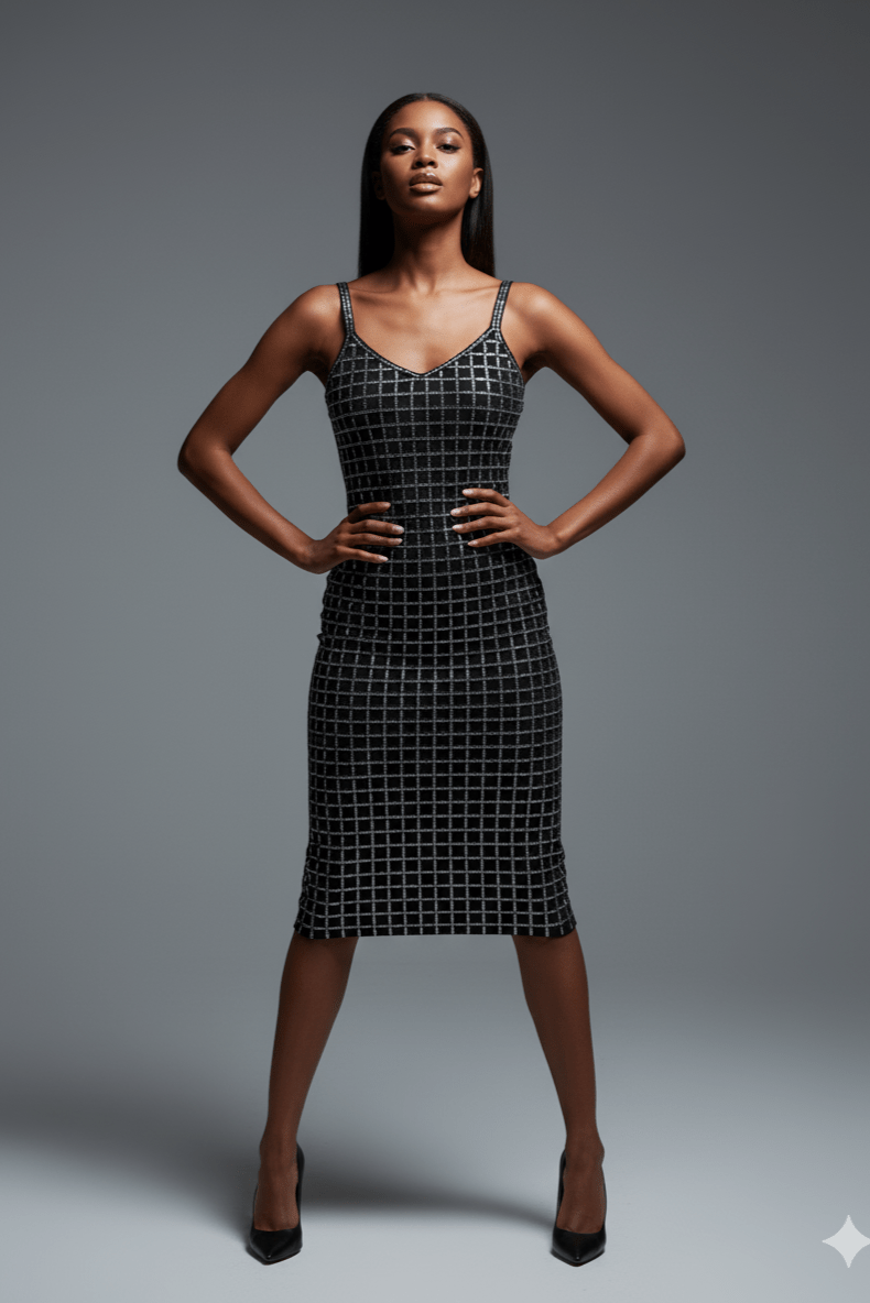 Aurelia Noir Silver Rhinestone Grid Maxi Dress