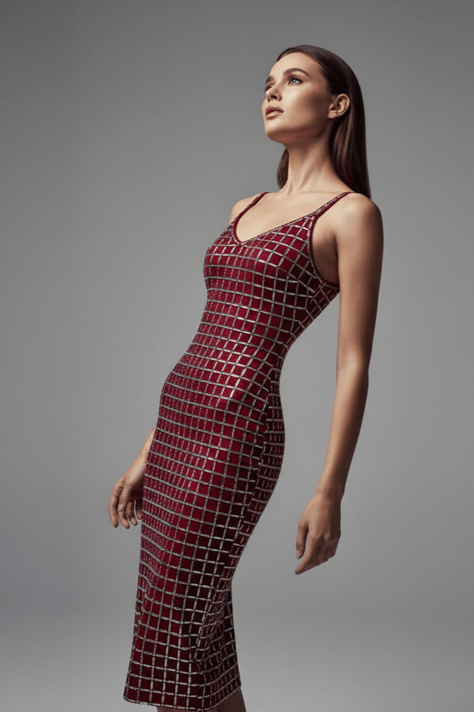Aurelia Noir Silver Rhinestone Grid Maxi Dress