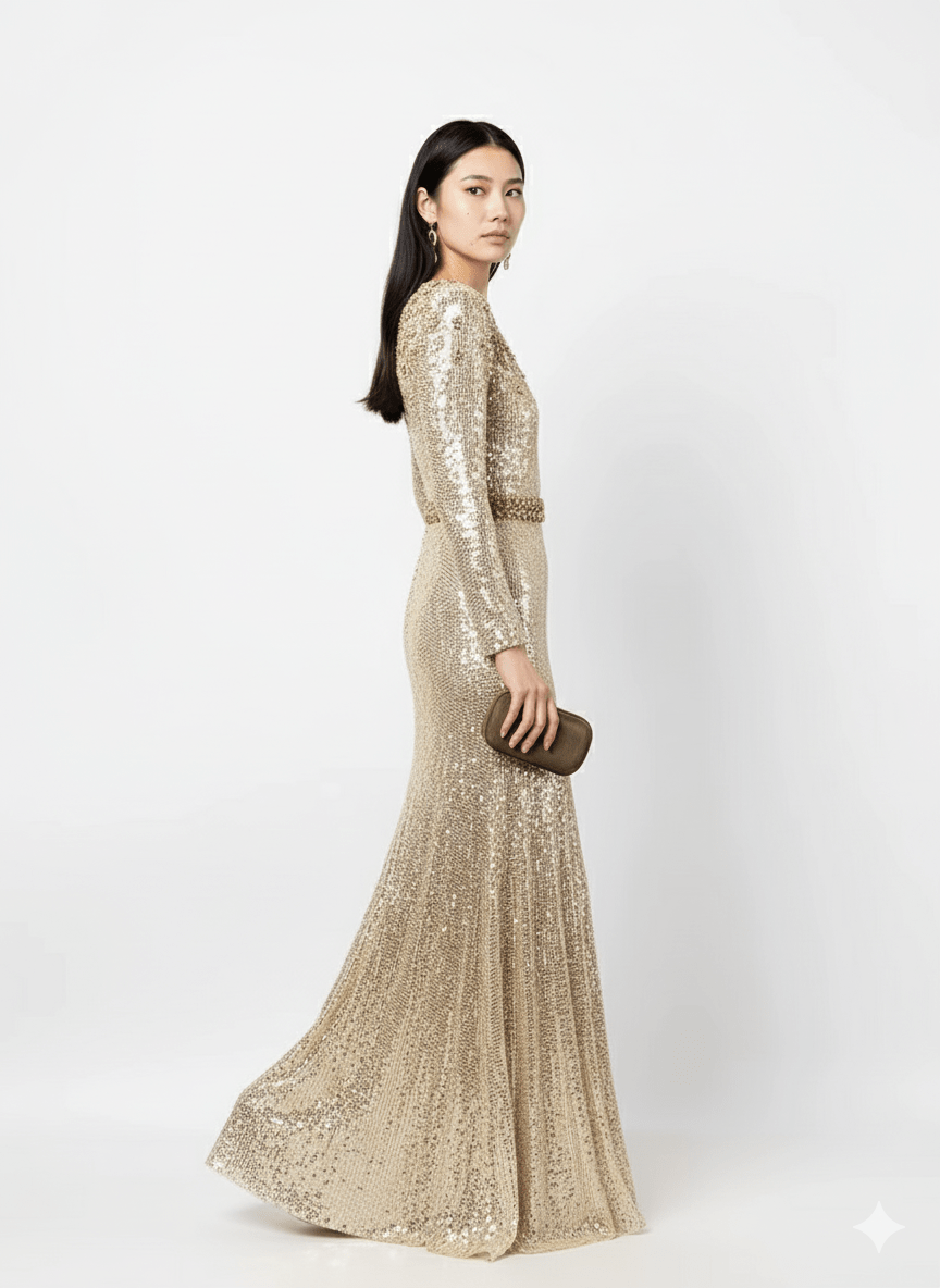 Aureline Gold Sequin Beaded Gown