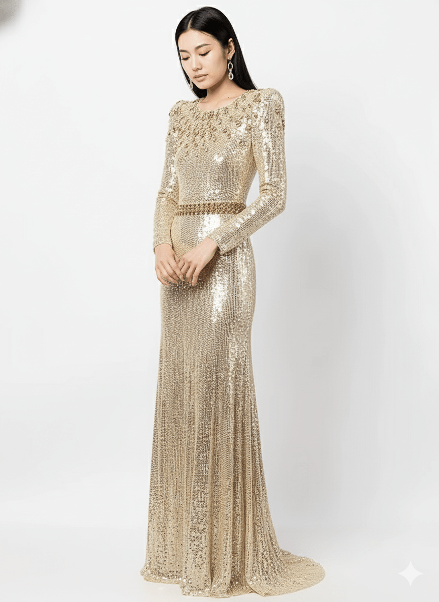 Aureline Gold Sequin Beaded Gown