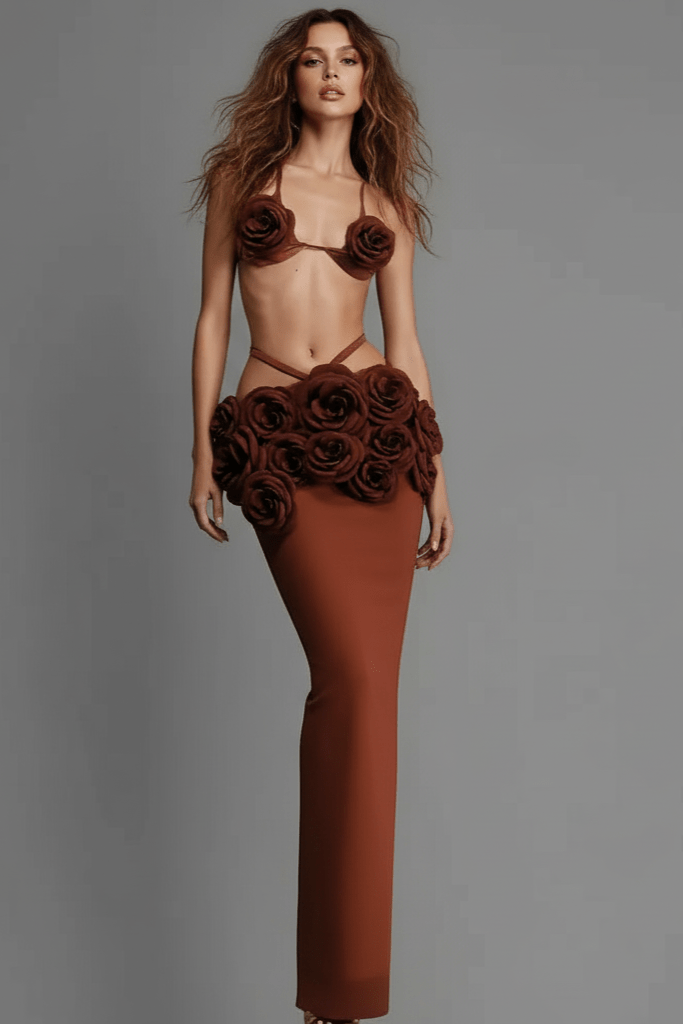Aurienne Dark Brown Floral Two-Piece Set