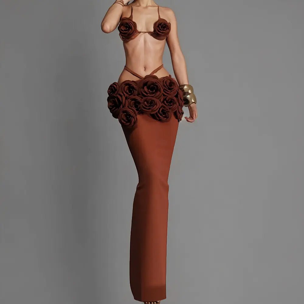 Aurienne Dark Brown Floral Two-Piece Set