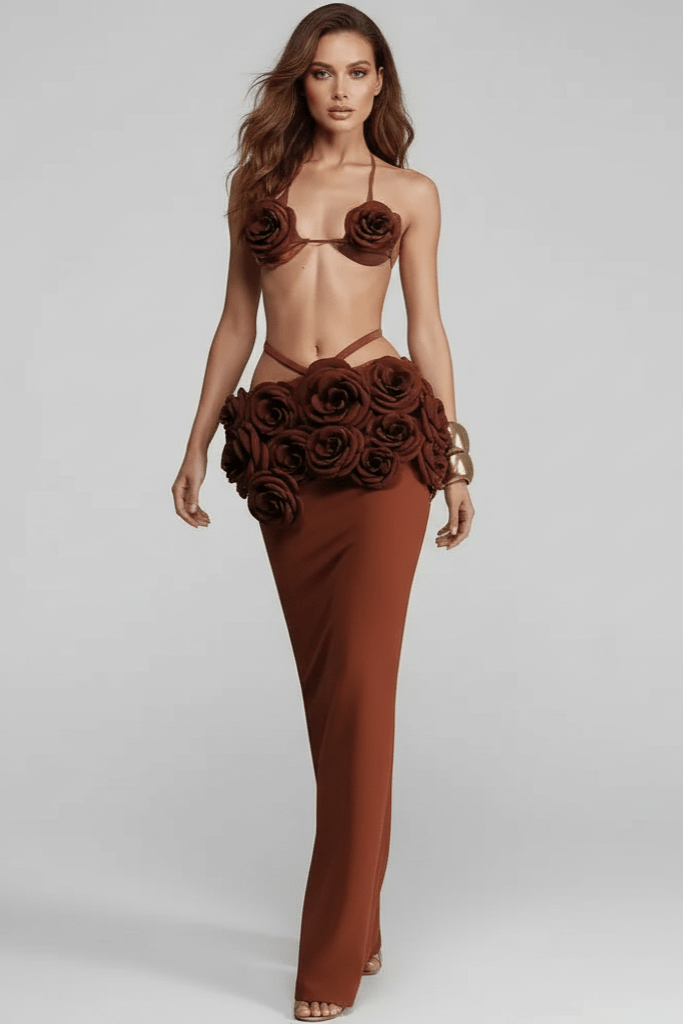 Aurienne Dark Brown Floral Two-Piece Set