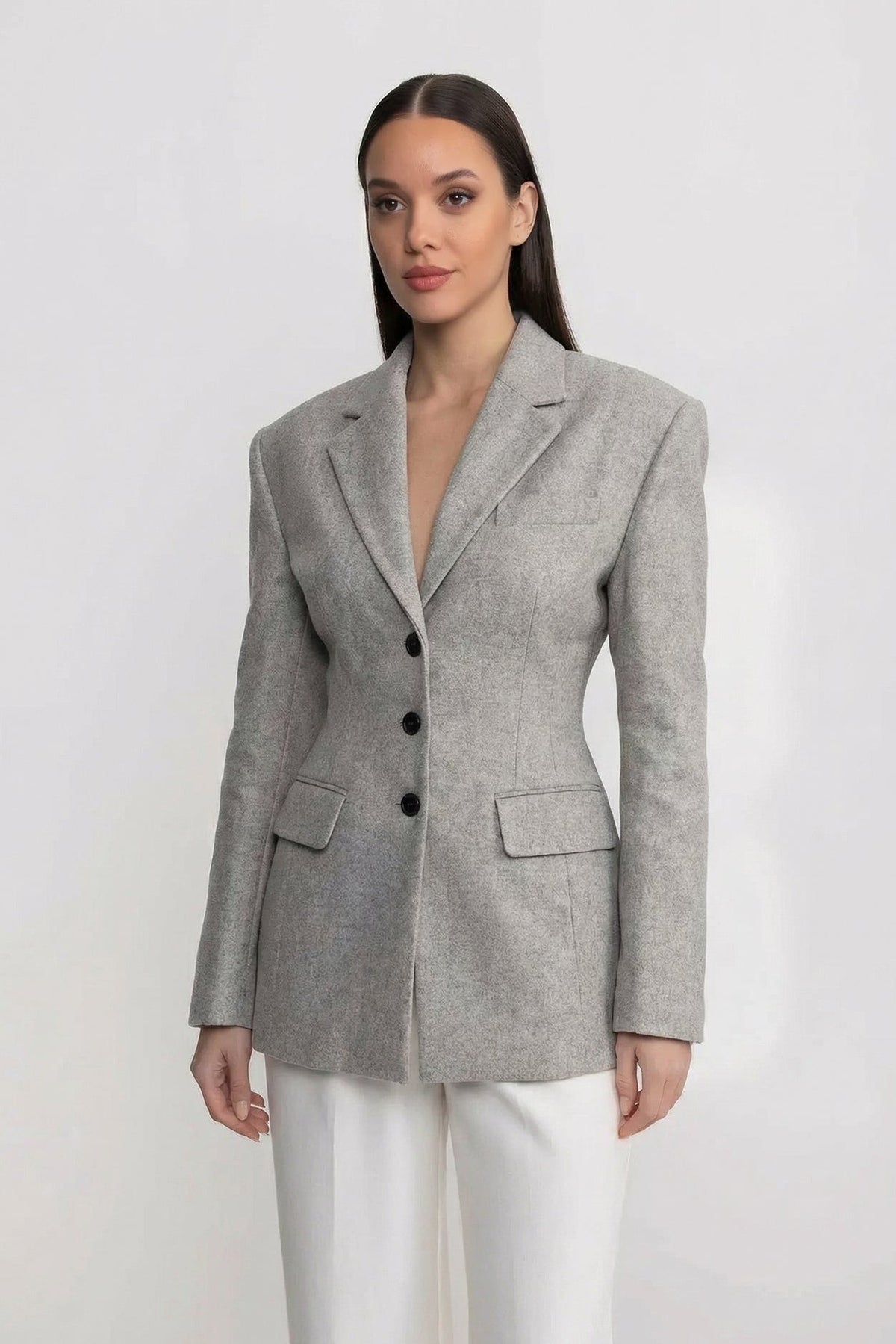 Tailored Longline Blazer With Structured Shoulders - Light Gray